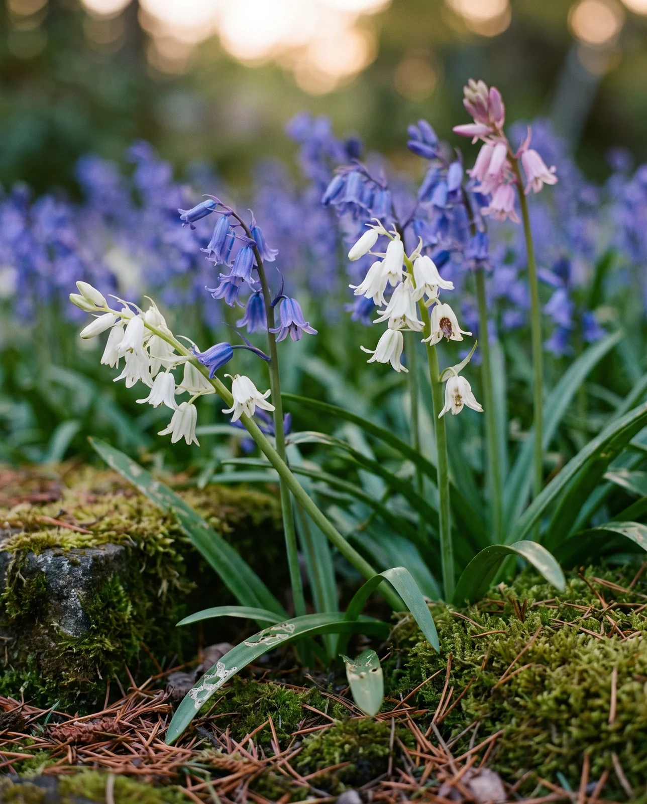 Three white-flowered bluebell spikes standing mixed through two dozen blue ones in a Portland woodland bed at dusk