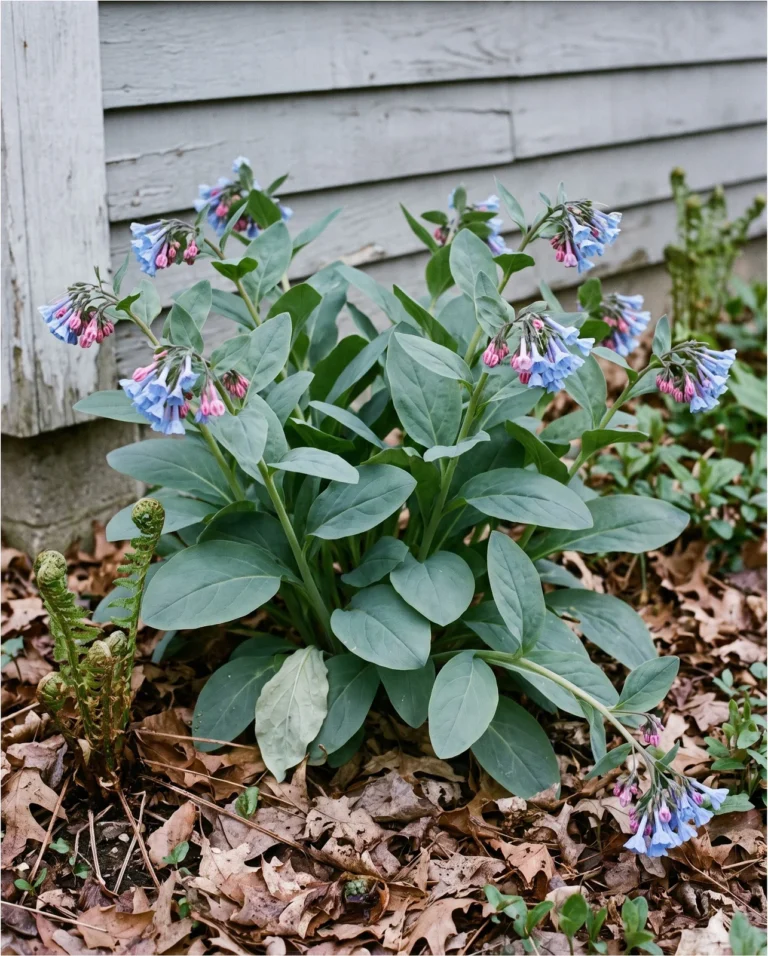 A whole Virginia bluebell plant in a shaded Indiana bed, a soft leafy mound of blue-grey foliage with nodding pink-and-blue clusters