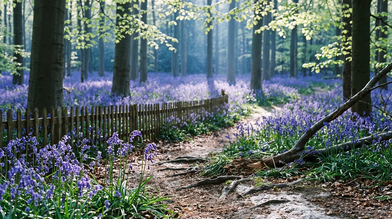 A beech wood floor solid with wild English bluebells in southern England, seen from the worn public footpath running through it