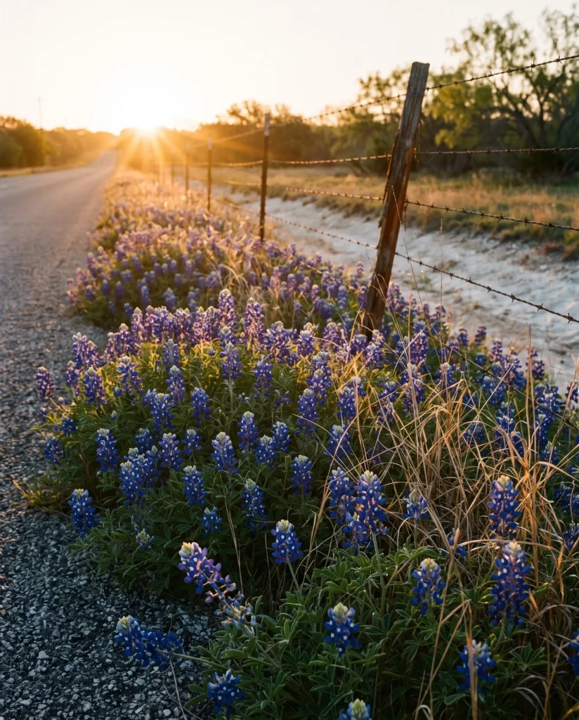 A two-lane Texas farm road shoulder solid with bluebonnets running to a leaning barbed-wire fence at first light