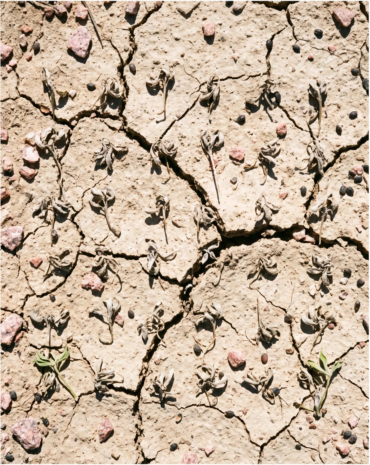 A square foot of cracked ground where thirty bluebonnet seedlings germinated together and dried out and died