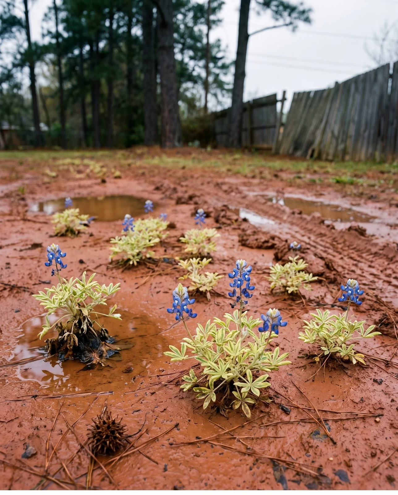 A sparse stunted bluebonnet patch on wet brick-red east Texas clay with standing water in old tyre ruts