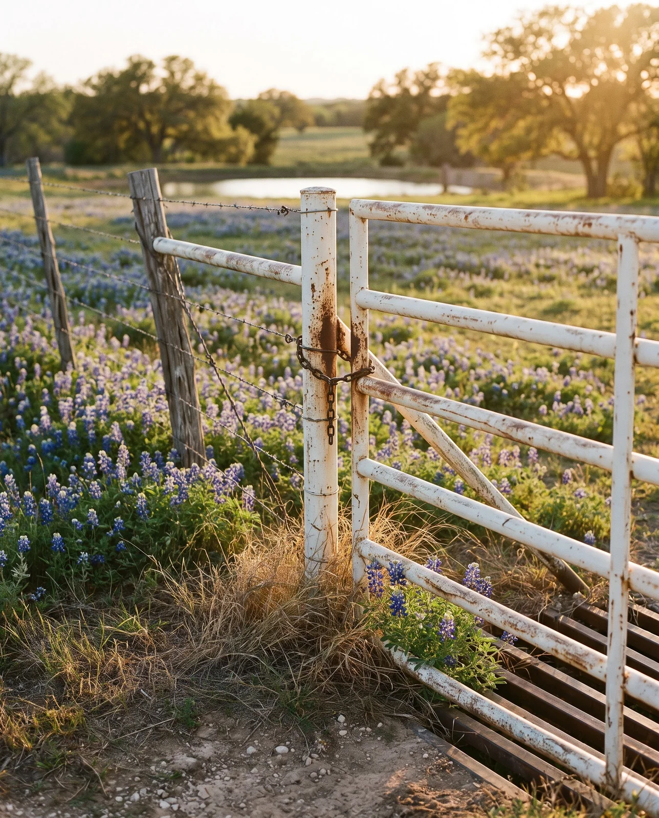A chained pipe gate and barbed wire with the same bluebonnets standing thick on both sides of the fence