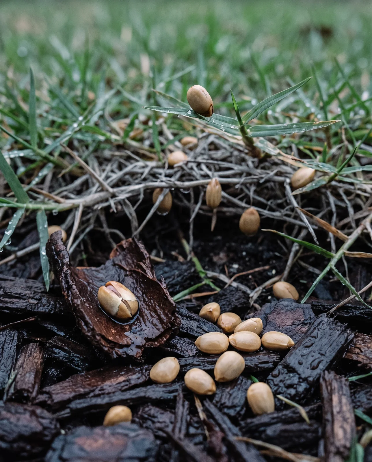 Bluebonnet seed sitting on top of bark mulch and caught in lawn thatch, never having reached soil