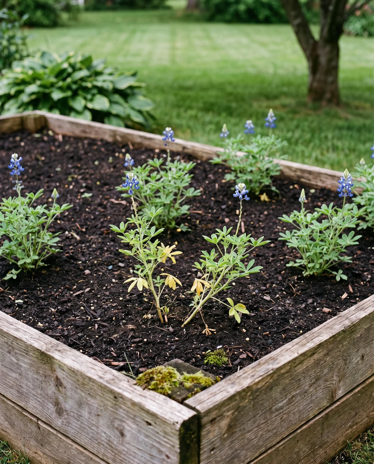 A spring-sown stand of Texas bluebonnets half size and thin in a cedar raised bed in a Virginia back yard