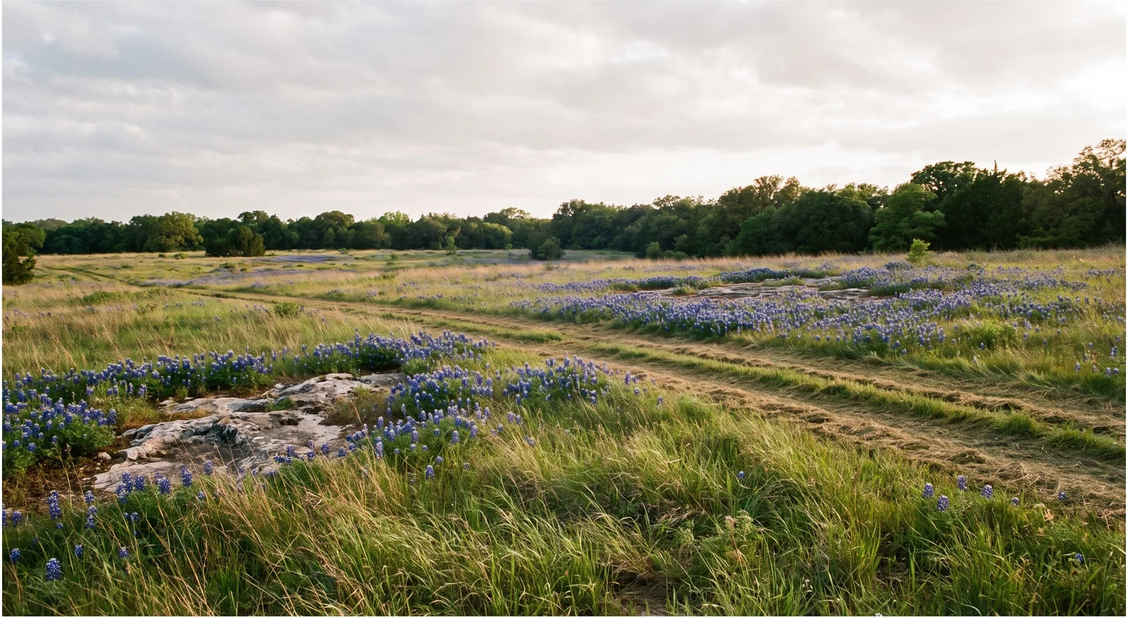 Drifts of bluebonnets across a state park prairie meadow with a mown two-track path and no posts or markings in sight