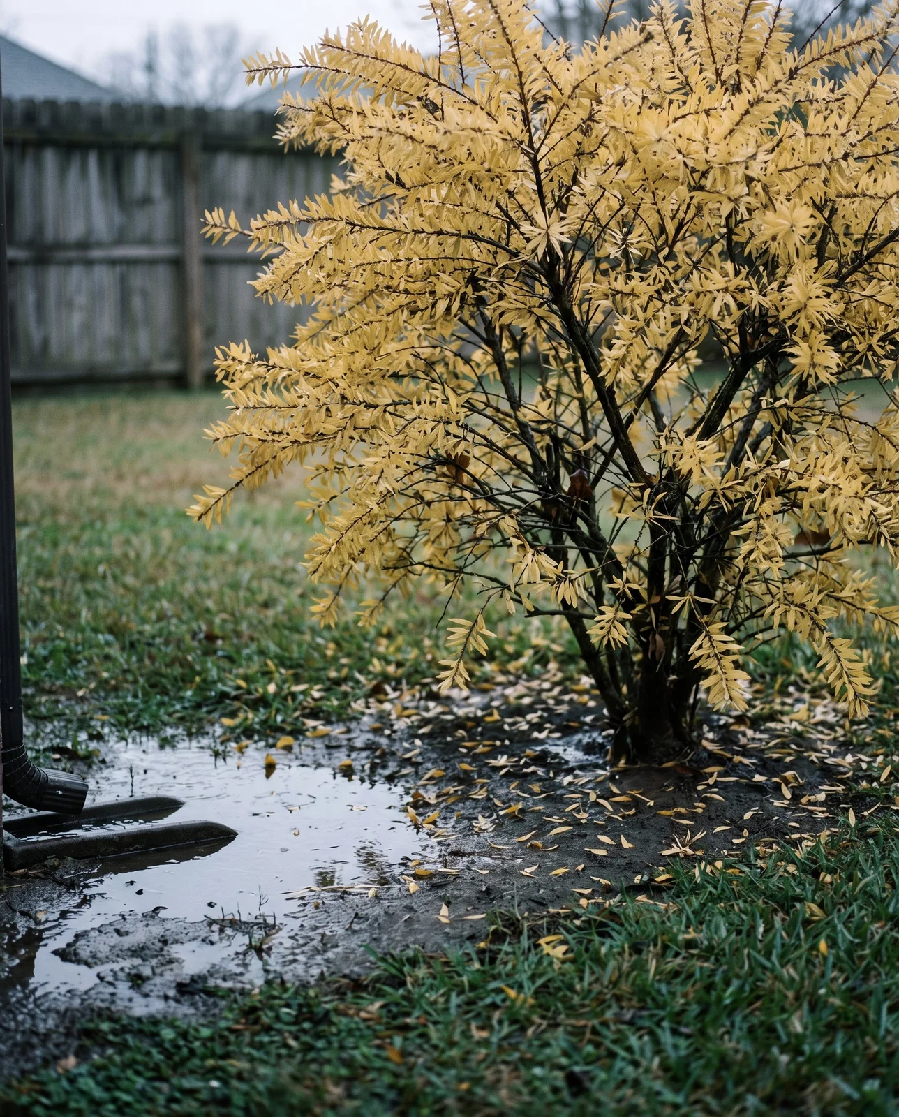 A whole bottlebrush gone evenly butter-yellow and shedding leaves in a low yard corner with standing water on wet clay