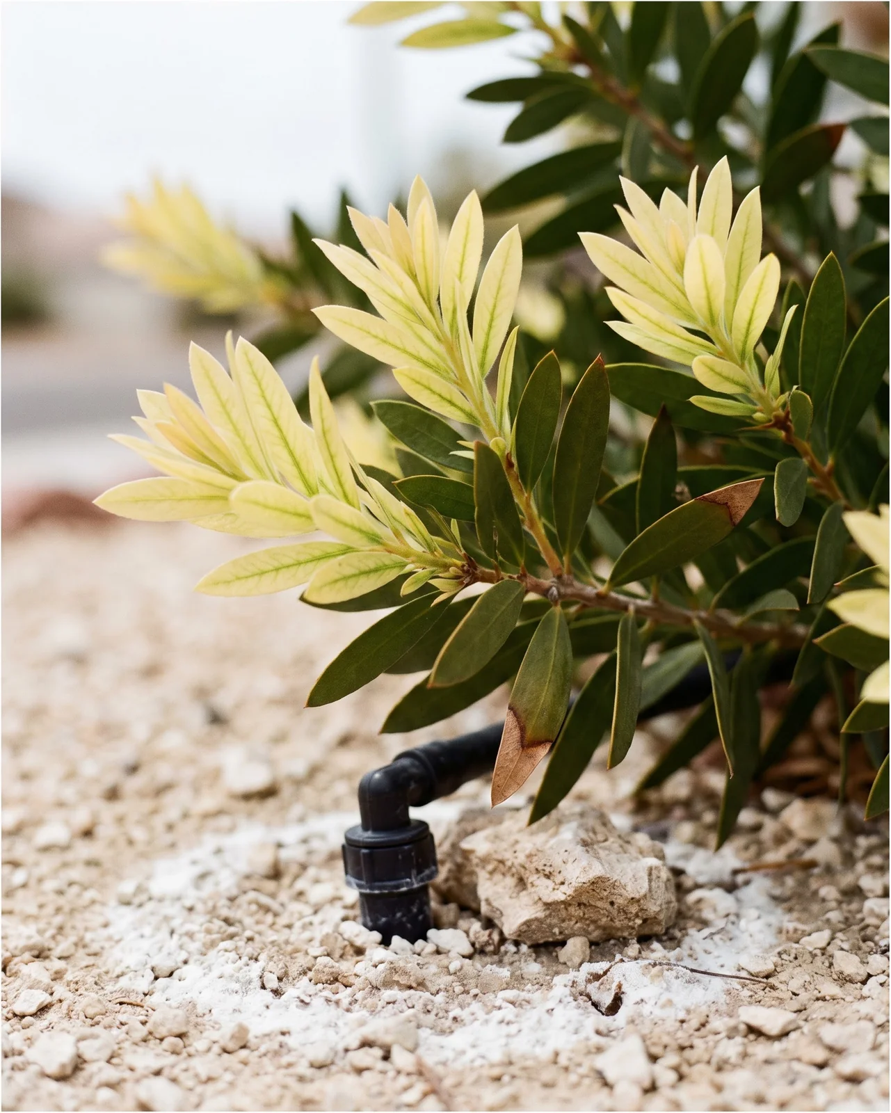 Pale lemon-cream new growth at the shoot tips of a bottlebrush over dark green older leaves on chalky alkaline ground