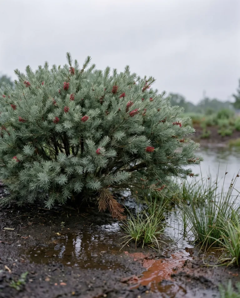 Alpine bottlebrush as a low dense mound of fine needle-like grey-green foliage at the saturated edge of a rain garden