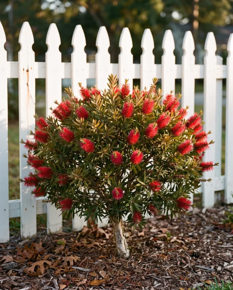 Crimson bottlebrush kept as a four-foot rounded shrub at a white picket fence, flowering again in October light