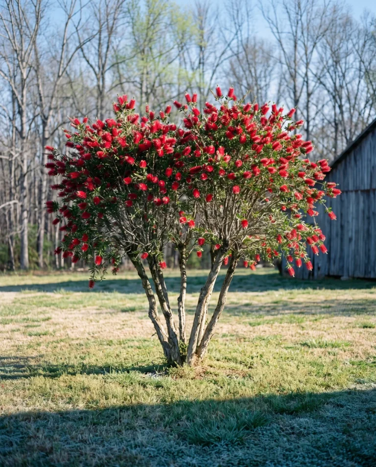 A fourteen-foot multi-stemmed Clemson-selected bottlebrush in crimson flush on a farmstead lawn among still-bare hardwoods