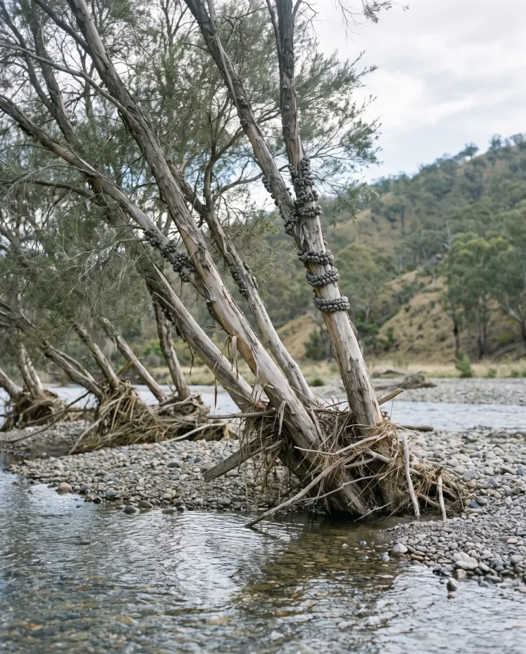 Wild river bottlebrush trees in fruit on a cobble bar in a braided Victorian river channel, no flowers open