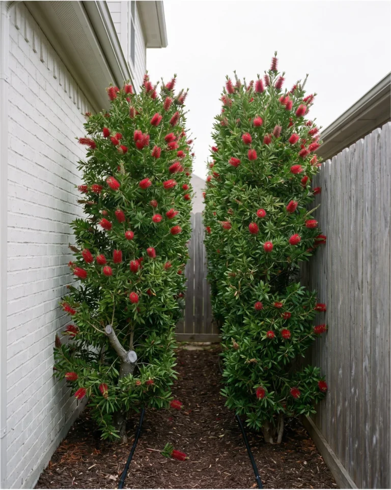 Two narrow Slim bottlebrush columns ten feet tall and four feet wide screening a tight side passage