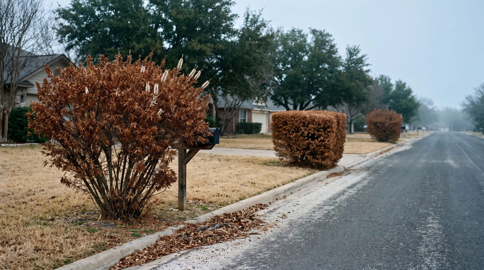 Three rust-brown freeze-killed bottlebrushes in three front yards along a February street with green live oaks behind