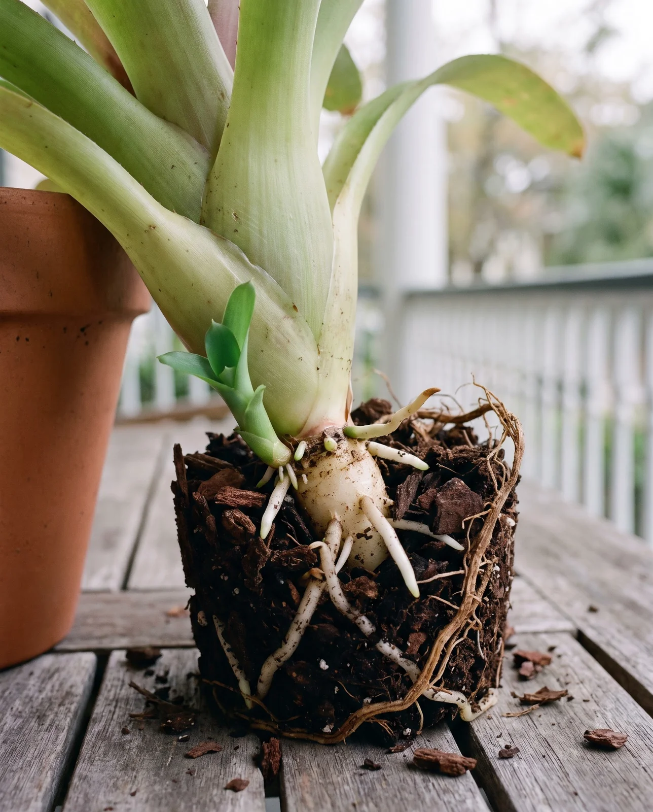 Macro of a bromeliad's base showing sound new white roots and one small pup emerging cleanly, no rot present