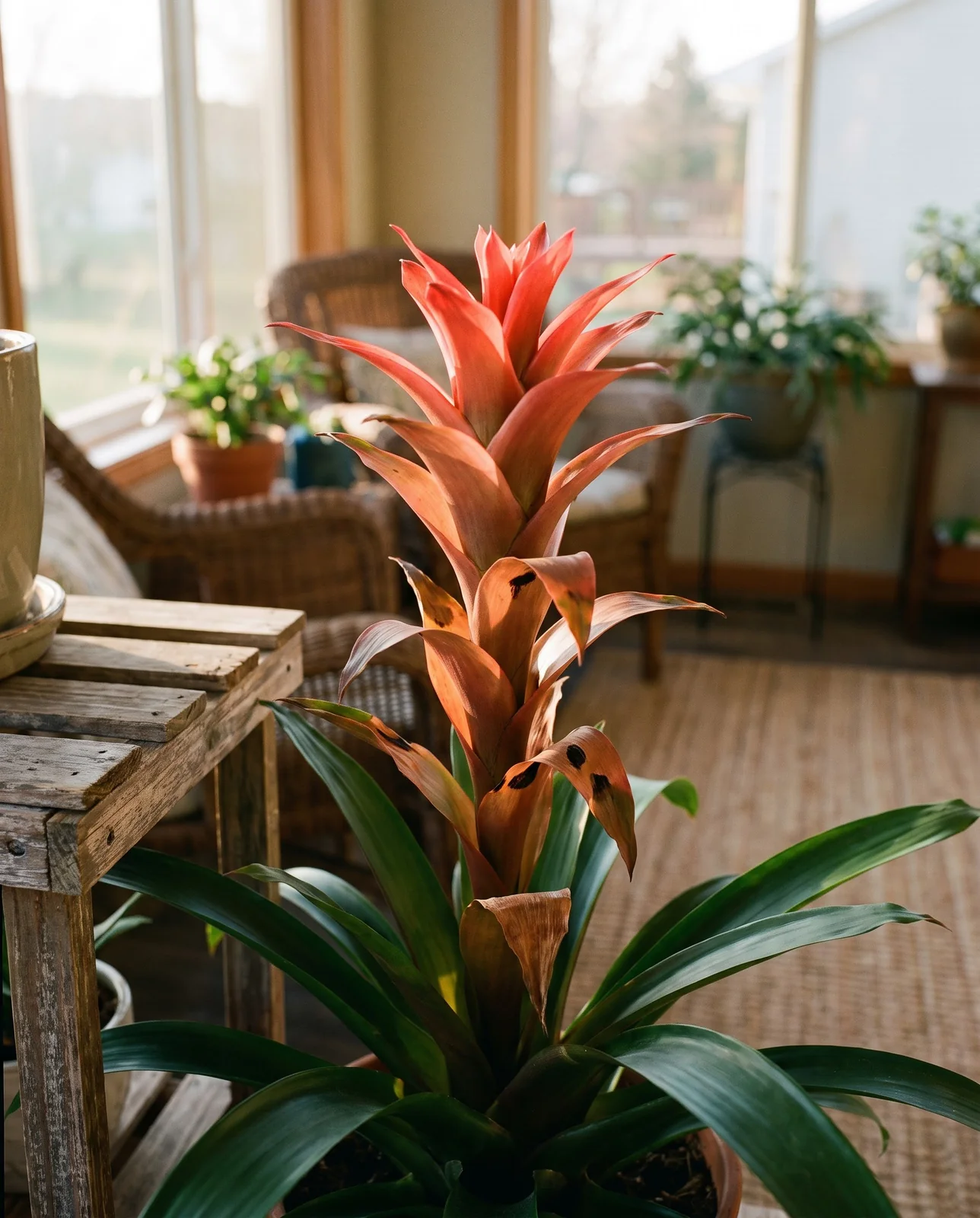 A single bromeliad bract shown fading from vivid coral at the tip to a dry brown husk at the base