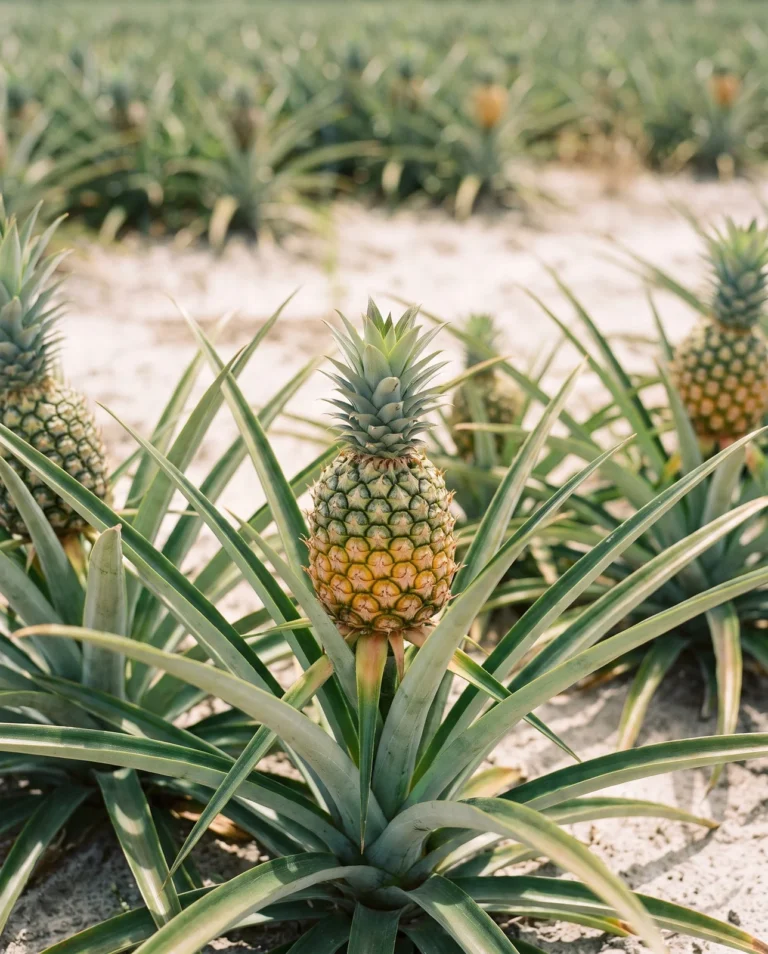 A ripening pineapple fruit forming above spiky leaves on an Ananas comosus plant in a Florida field