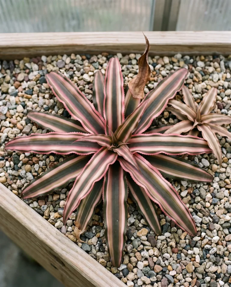 A flat, star-shaped Cryptanthus earth star rosette with wavy striped leaves and no water-holding cup