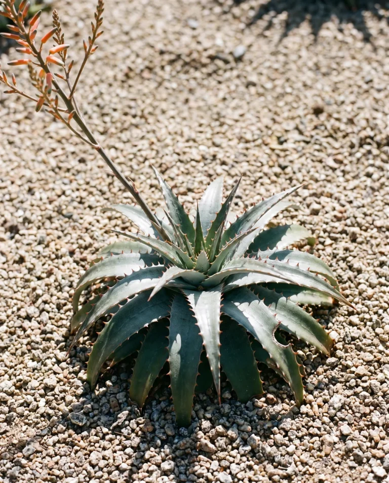A spiny Dyckia rosette in gravel, a dry-growing terrestrial bromeliad with no reservoir