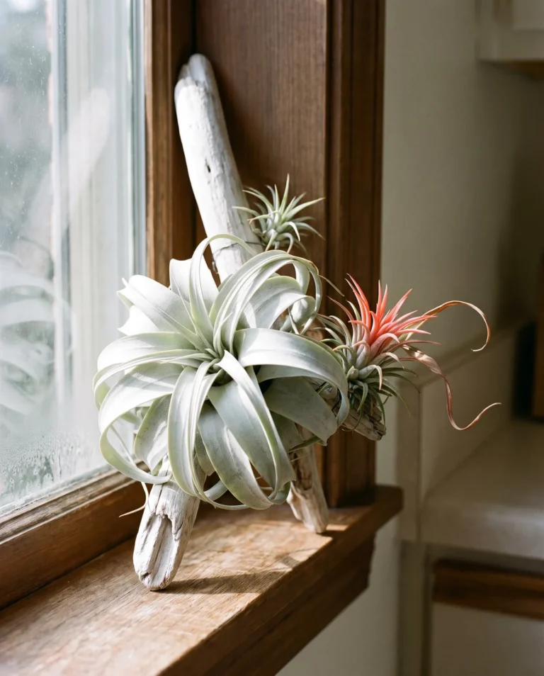 A cluster of gray Tillandsia air plants mounted on driftwood with no soil or pot at all
