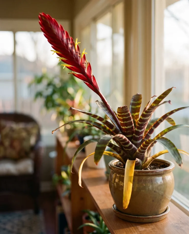 A Vriesea rosette with a flat, sword-shaped flower spike on a sunroom shelf