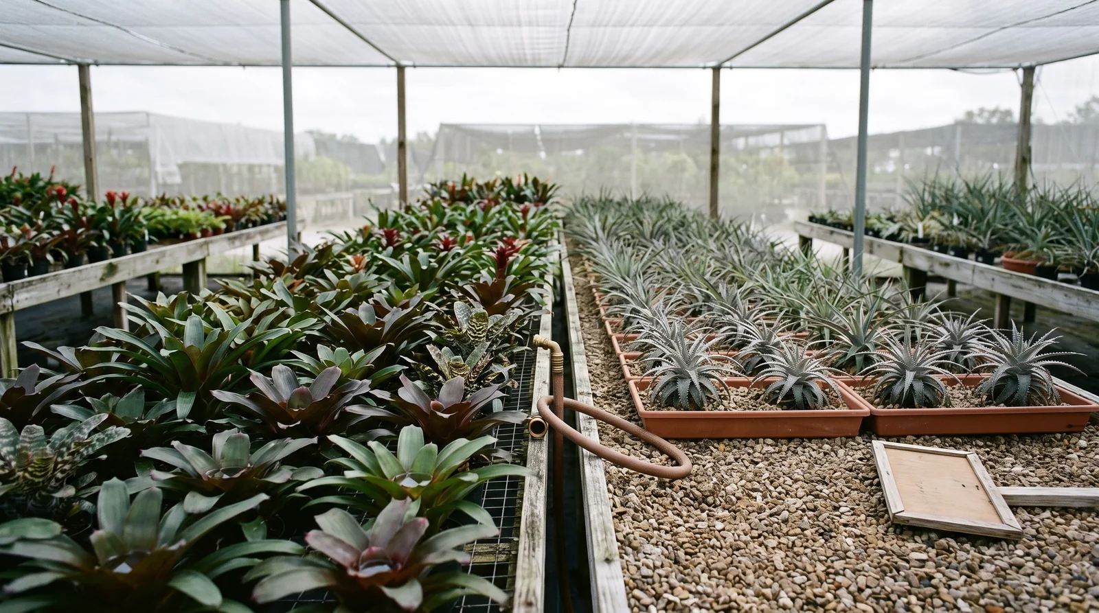 A wide nursery bench with glossy tank bromeliads on one side and spiny dry-growing types on the other