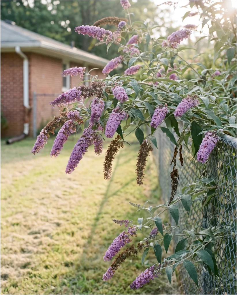 A large arching butterfly bush in full lilac flower at the corner of a suburban yard in August