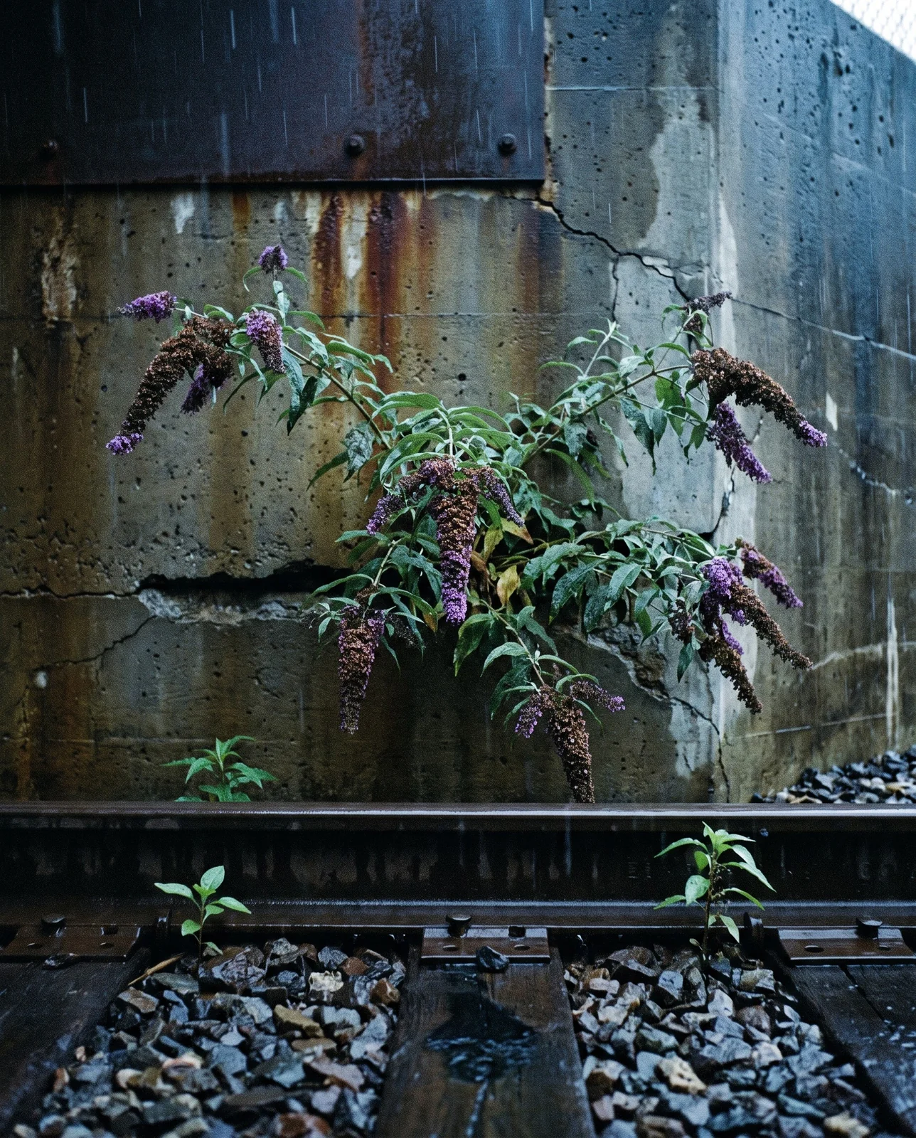 A butterfly bush growing out of a crack at the base of a concrete bridge abutment above railroad ballast in the rain