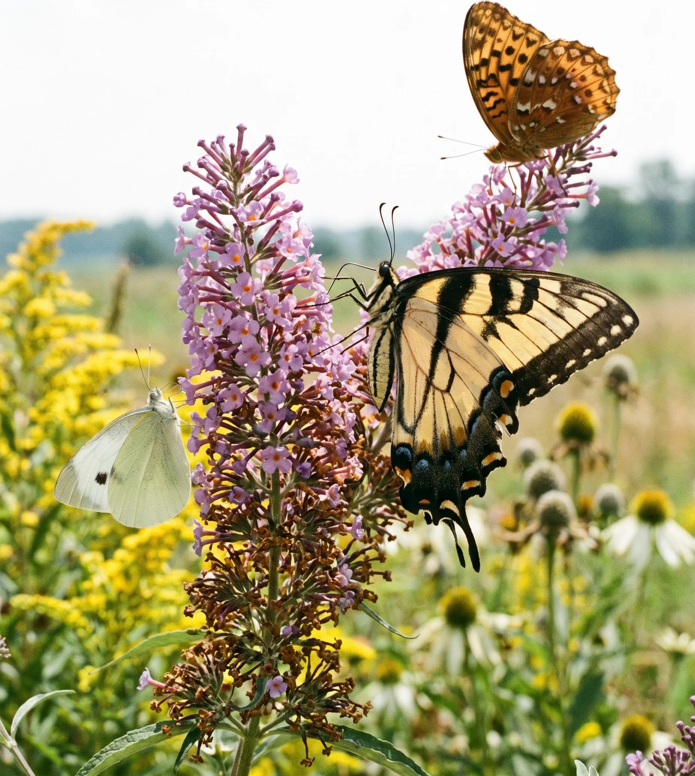 Several butterflies feeding at once on a lilac butterfly bush flower spike at midday
