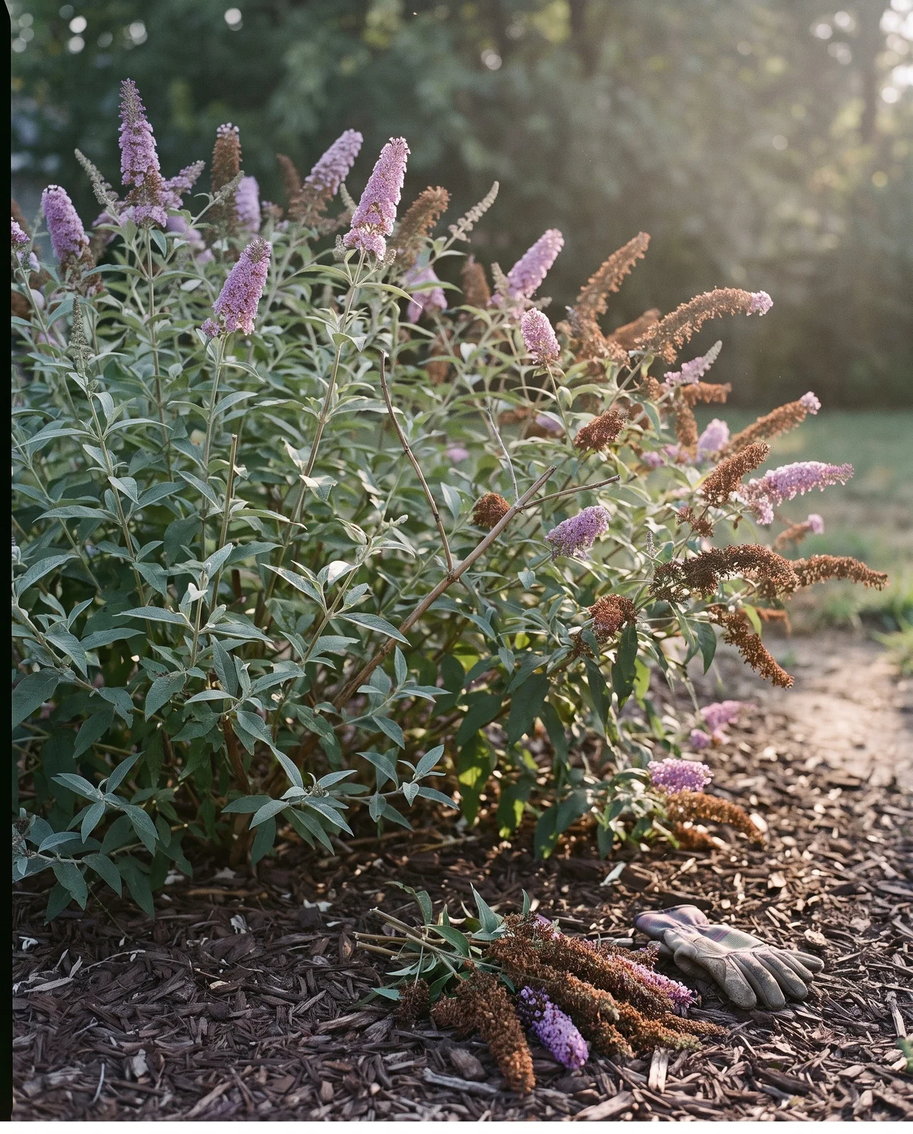 One side of a butterfly bush cleared of spent brown spikes while the other side is still full of them