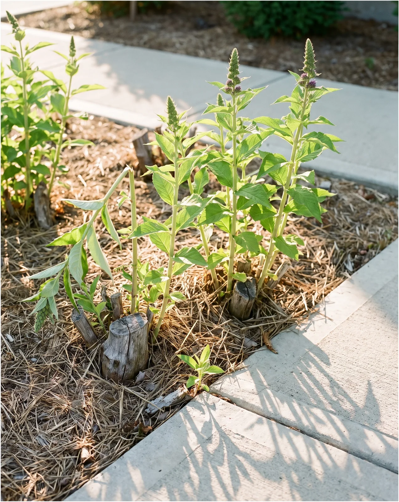 New shoots four feet tall rising from the same cut stubs three months later with flower buds forming