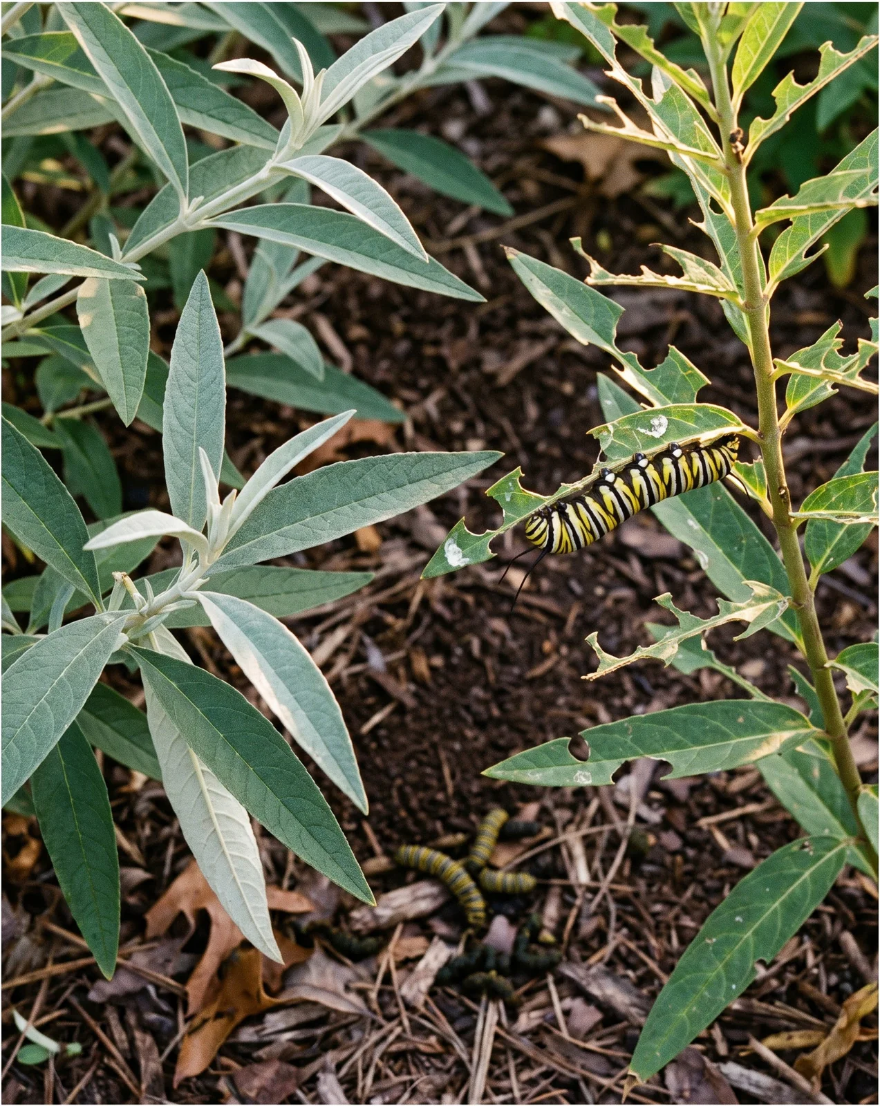 Untouched butterfly bush leaves next to a milkweed leaf chewed down to the midrib by a striped caterpillar