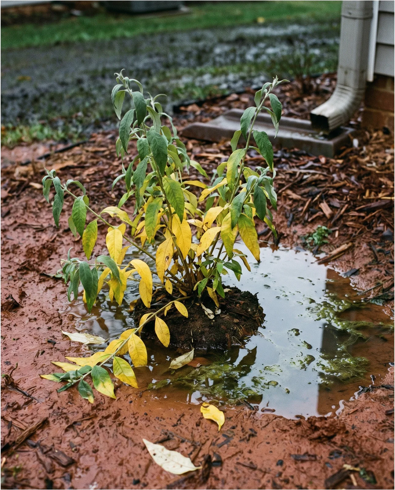 A young butterfly bush with evenly yellow lower leaves standing in a saucer of soggy clay with water pooled around it