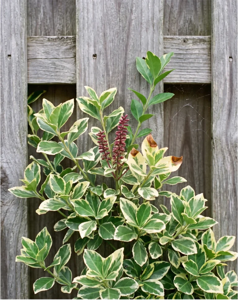 Variegated butterfly bush with creamy margined leaves and reddish purple flower spikes against a cedar fence