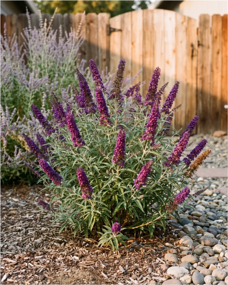 A compact violet flowered interspecific butterfly bush hybrid in a dry western garden in evening light