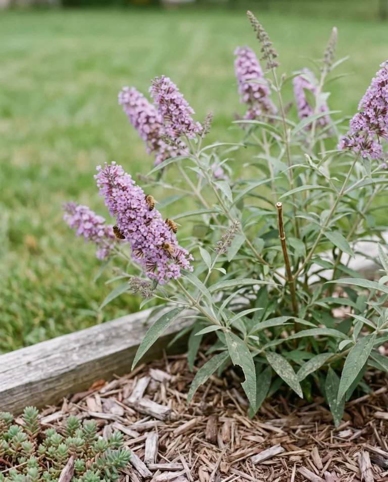 A compact lavender purple butterfly bush with narrow leaves and six inch flower spikes in a raised bed