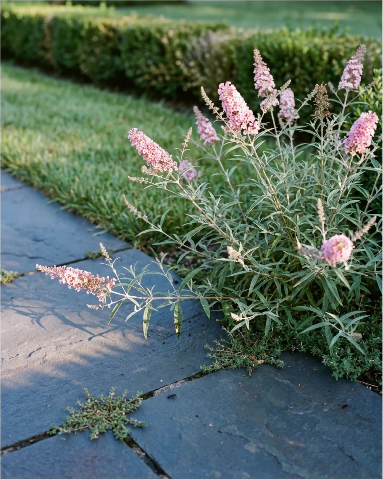 A tiny eighteen inch butterfly bush with small pink spikes at the edge of a bluestone path