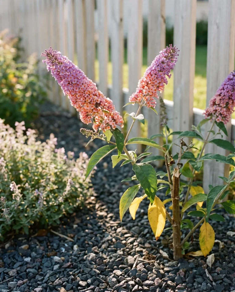 Short stocky butterfly bush with thick spikes shading from pink at the base to lilac purple at the tip