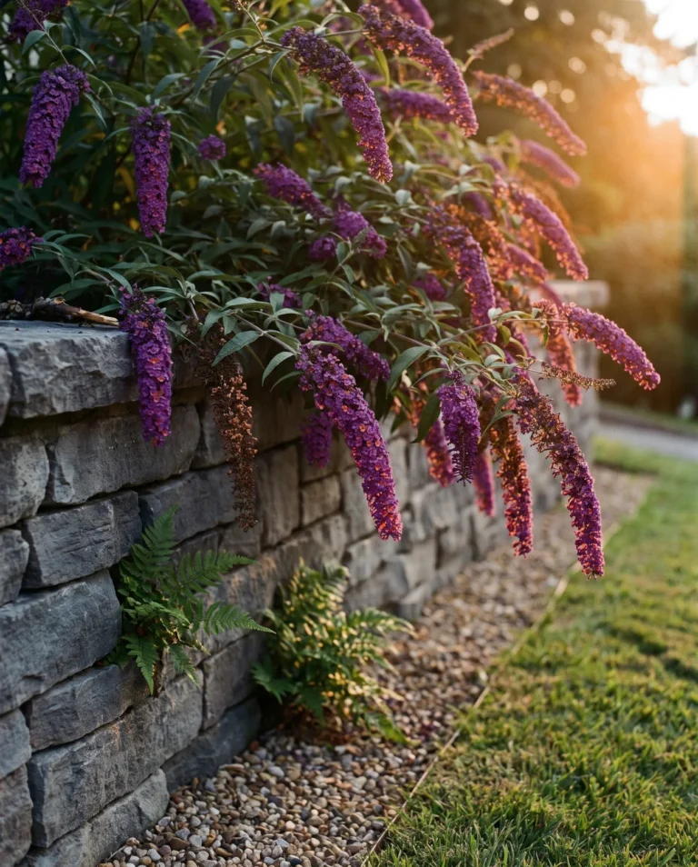 A dwarf butterfly bush wider than it is tall with pendulous purple spikes spilling over a stone wall