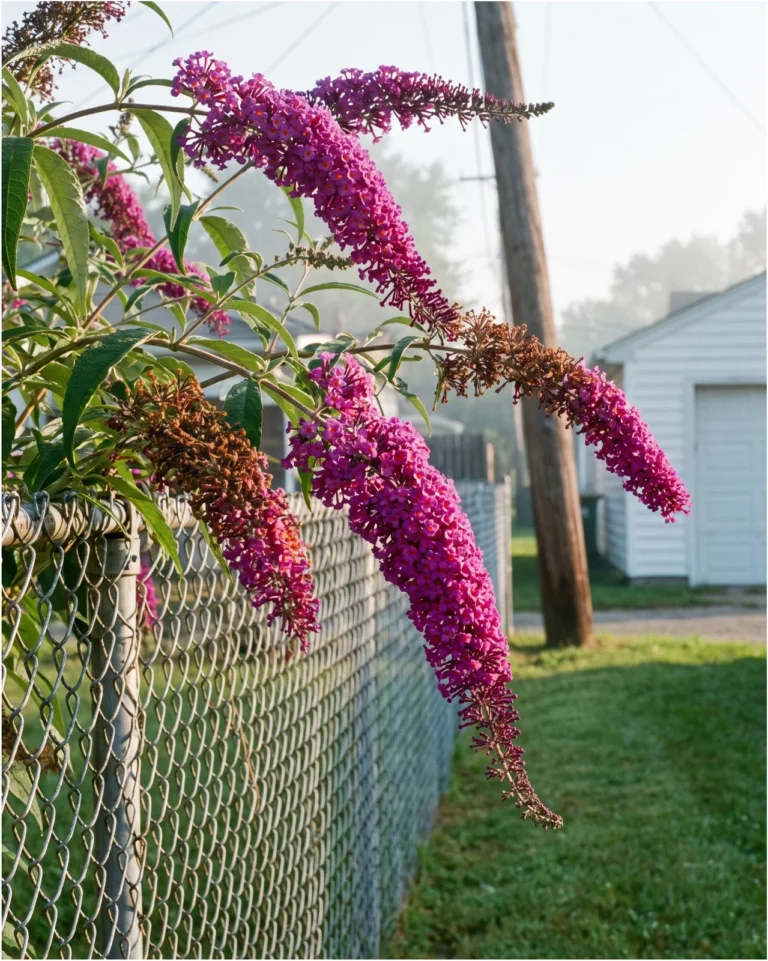 Long magenta purple butterfly bush panicles arching over a chain link fence line