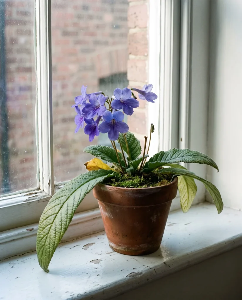 A cape primrose in heavy violet-blue flower in a terracotta pot on a painted east-facing sash windowsill in soft morning light
