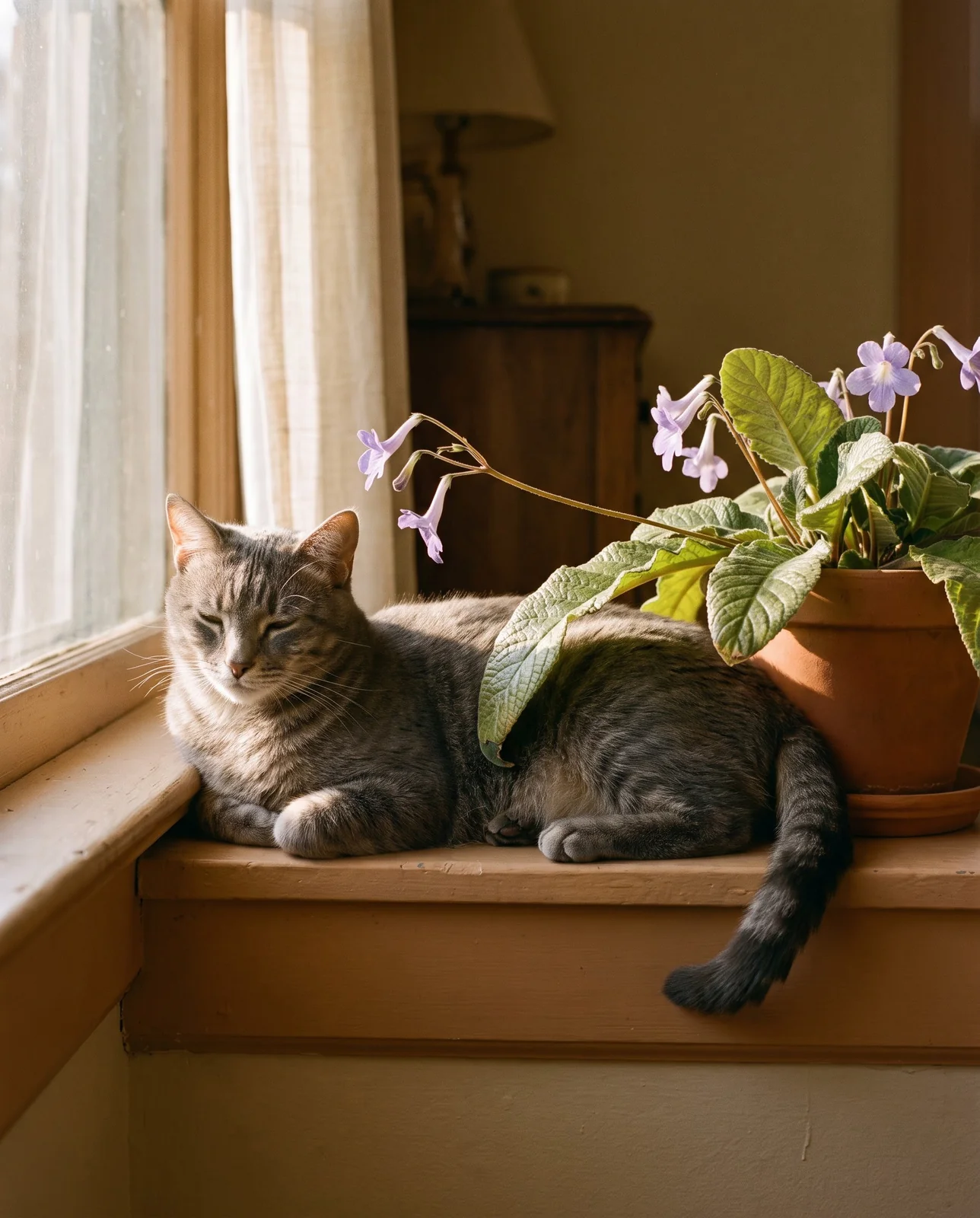 A tabby cat lying on a sunny windowsill right beside a flowering cape primrose, whiskers almost touching the leaves