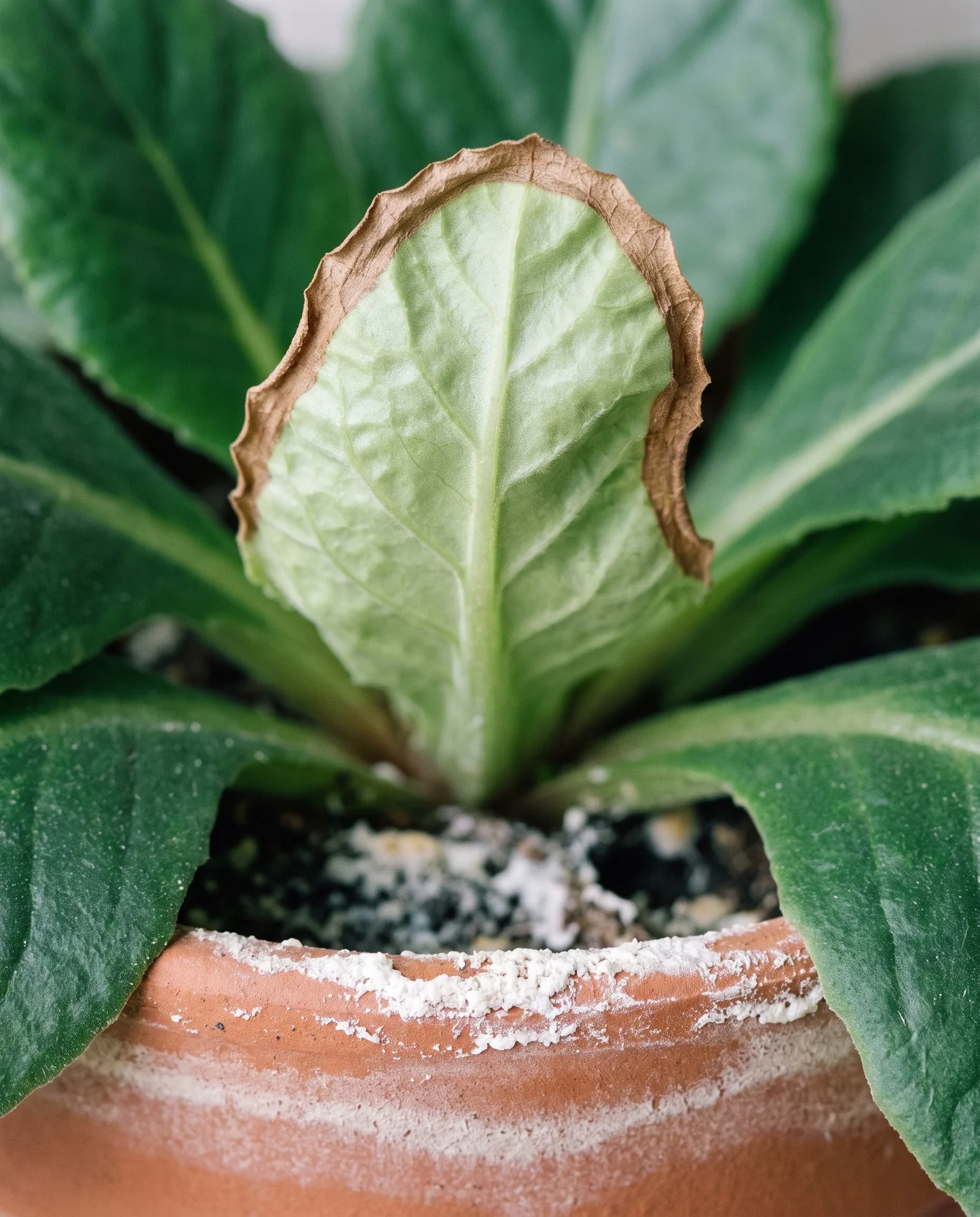 A young cape primrose leaf with a dry brown rim along its edge that has pulled the leaf into a pucker as it grew, with salt crust on the pot rim