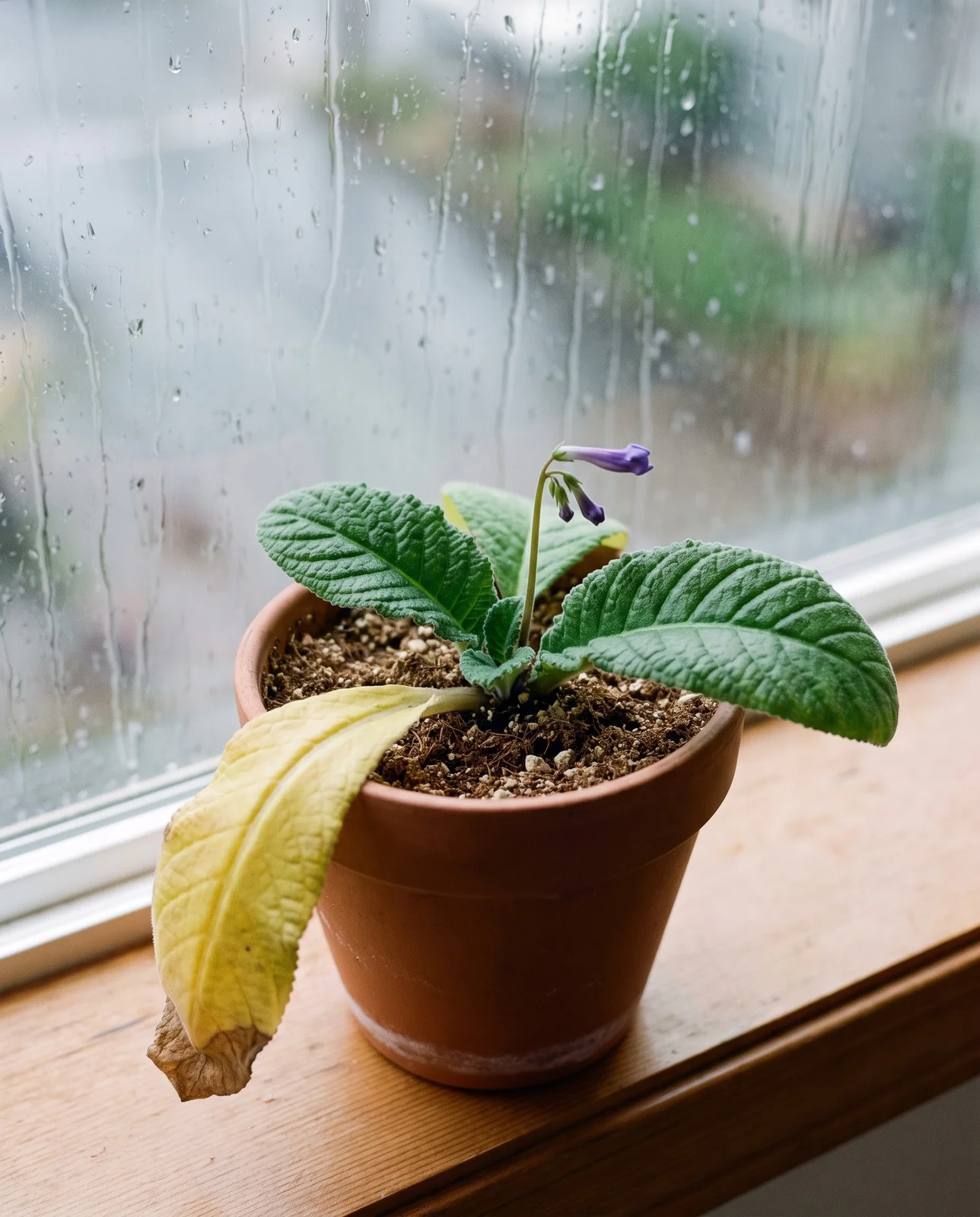 The oldest outer leaf of a cape primrose yellowed and limp over the pot rim while the inner leaves stay deep green and a new stalk rises