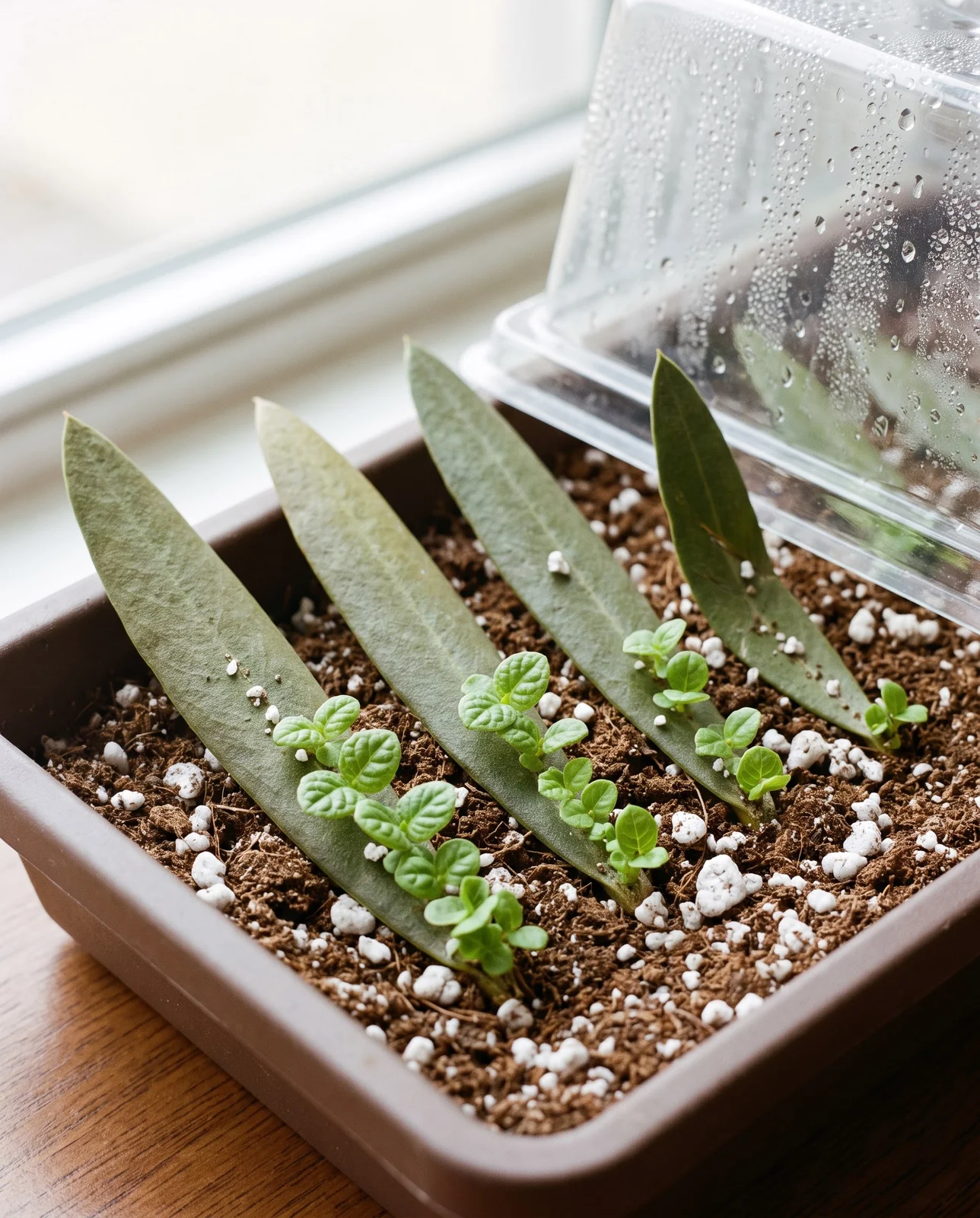 Rows of tiny plantlets breaking out along the buried cut edges of four leaf strips standing in a tray of mix six weeks after cutting