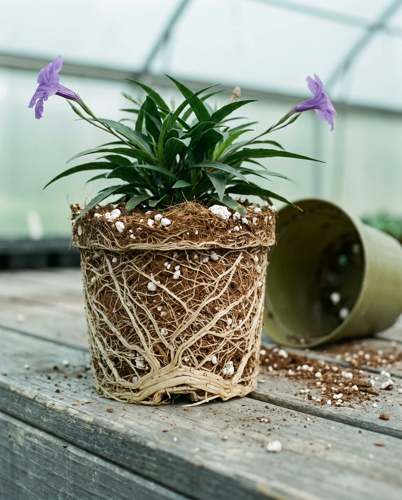 A cape primrose root ball slid intact from a five-inch pot with white roots circling the outside and reaching the wall
