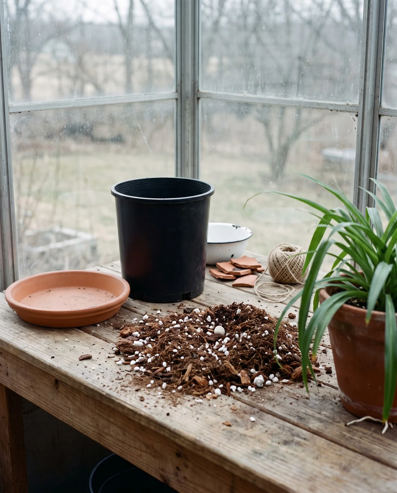 A wide shallow clay pan beside a tall deep pot of the same width on a potting bench, with a heap of peat-free mix and white perlite between them