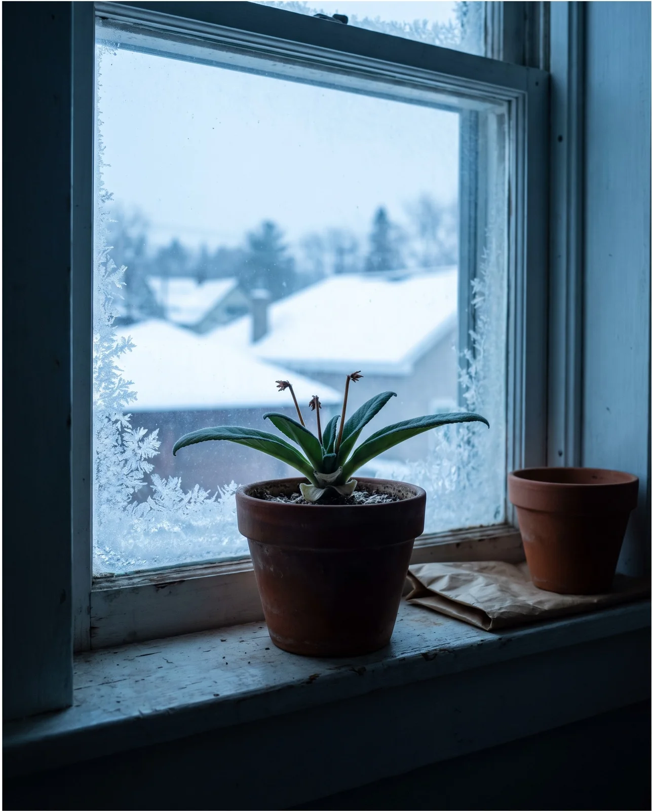 A cut-back, flowerless cape primrose resting on a bare cold windowsill in January with ice at the corners of the old glass and snow outside