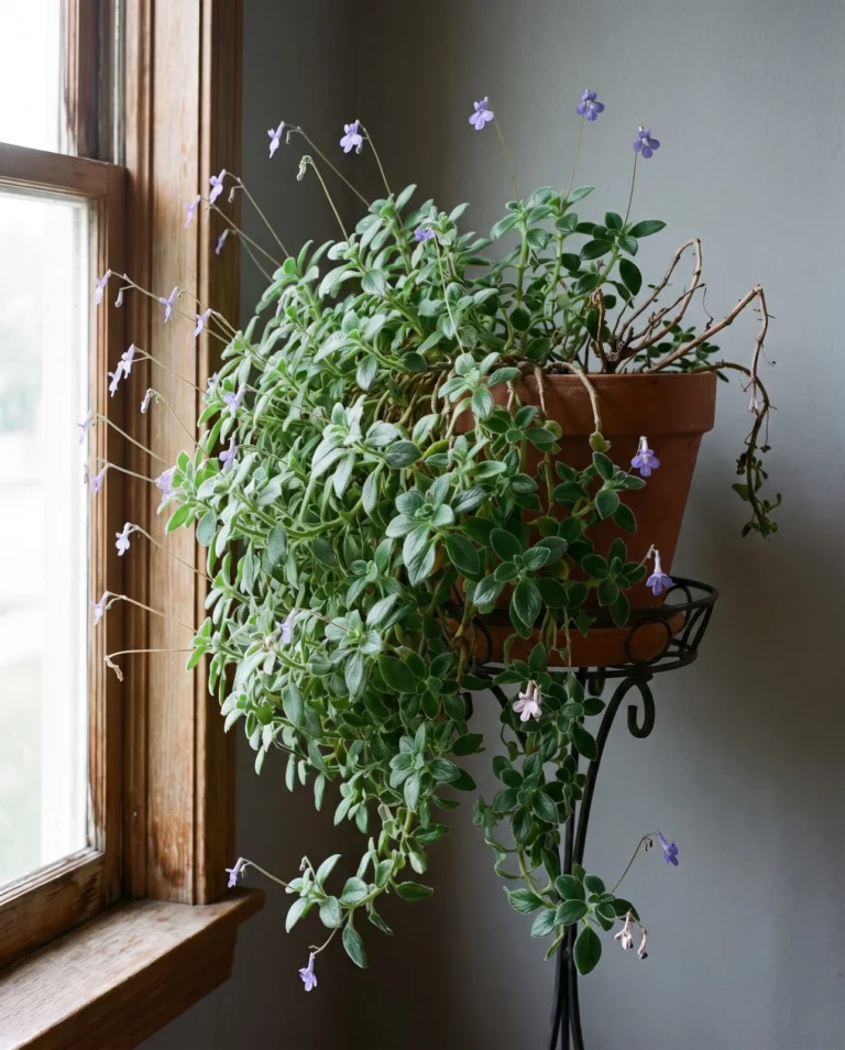 Concord Blue Streptocarpella cascading from a raised pot on soft stems with small leaves in whorls of three and blue-purple flowers