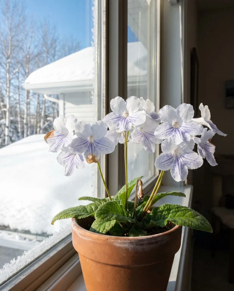 Crystal Ice cape primrose flowering in December on a bright south windowsill, white flowers finely veined with blue